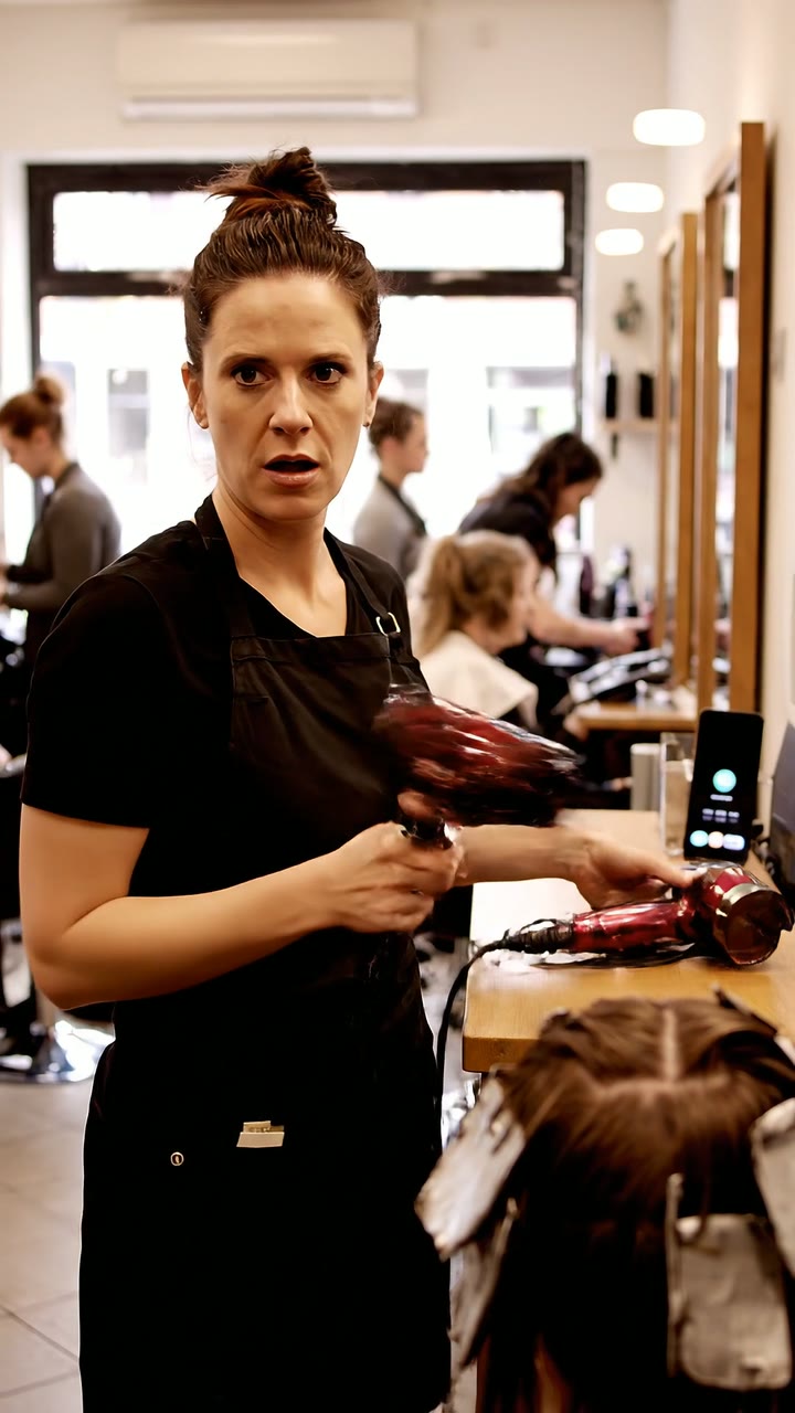 A stylist mid blow-dry turns to the camera while her phone rings on the counter